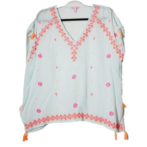 Lilly Pulitzer Womens Medium‎ Cotton Gauze Top Lightweight Embroidered Tassels